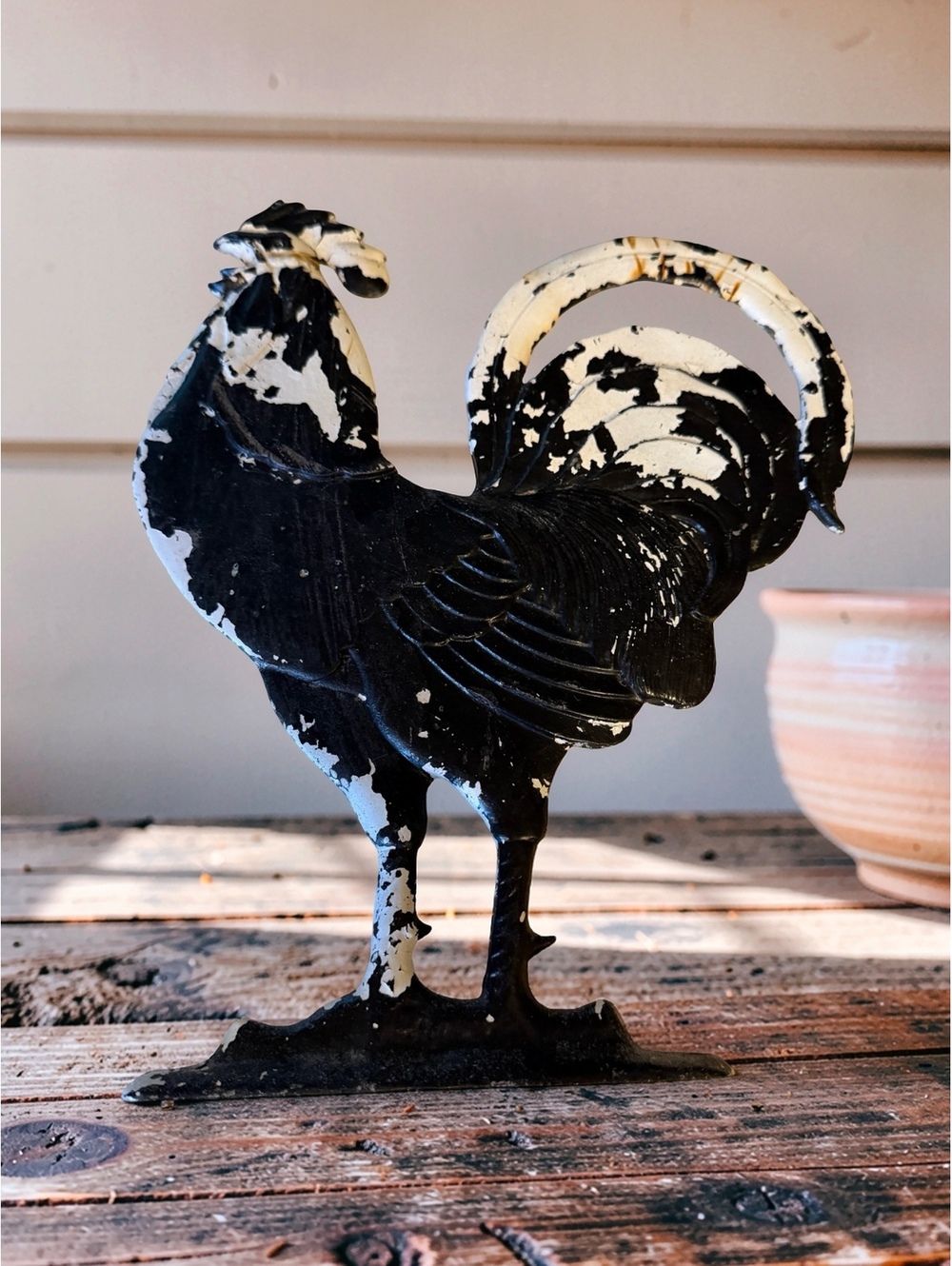Vintage Cast Iron Rooster Wall Plaque Chippy Black White Farmhouse Decor 11”